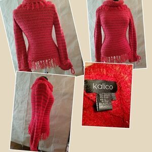 💕Kalico LARGE red frindged turtleneck sweater